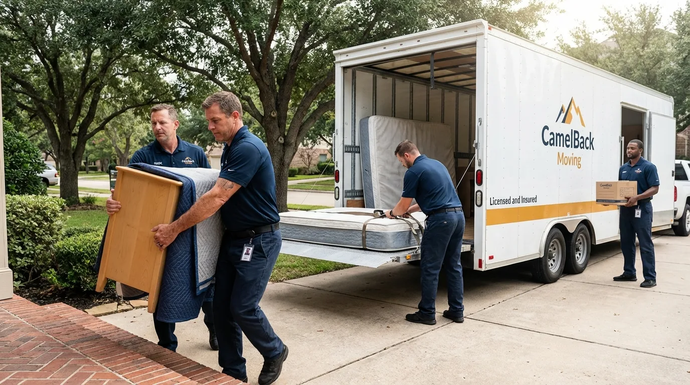 Crew loading residential truck for cross-state move from Bangor, WI