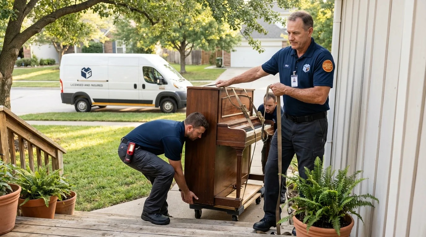 Licensed piano movers securing grand piano in Bangor, WI