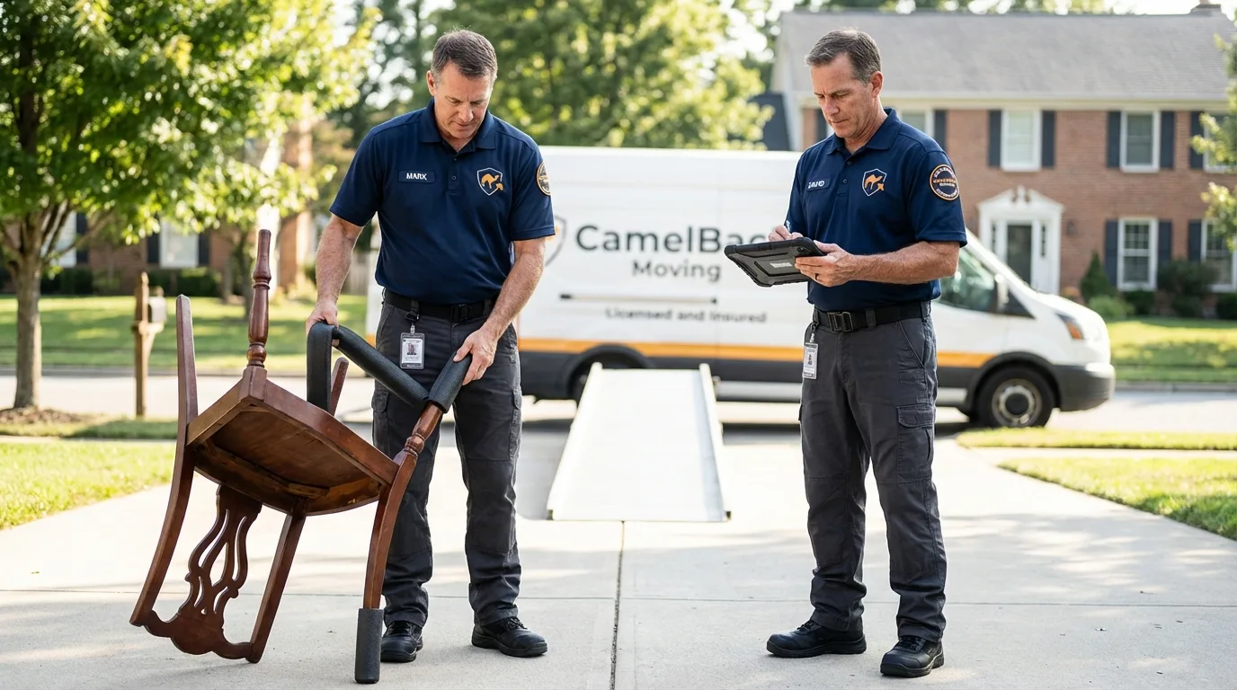 Movers inspecting furniture for damage prevention before loading in Bangor, WI