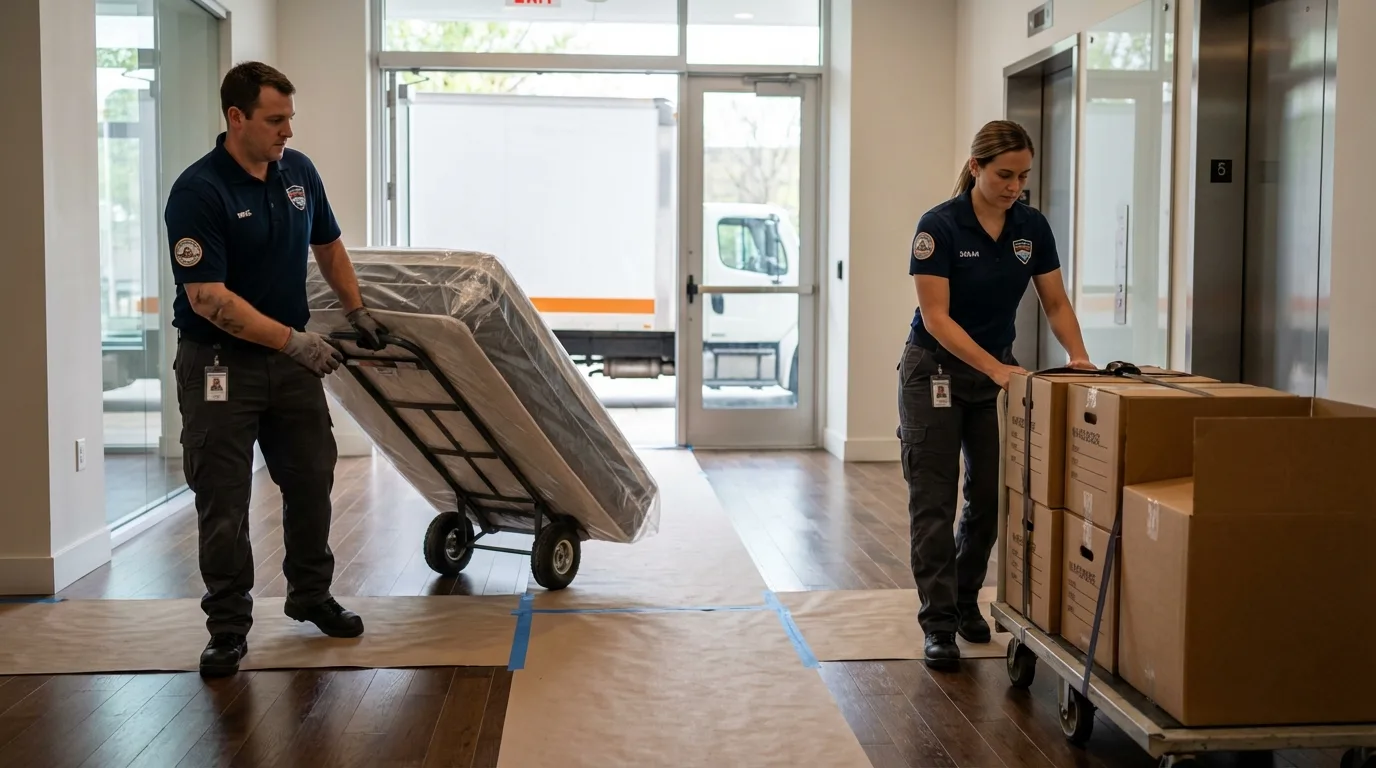 Professional apartment movers loading elevator in Bangor, WI